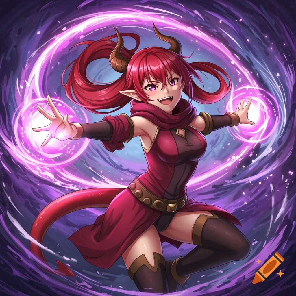 Anime character with red hair and horns casting purple magic.