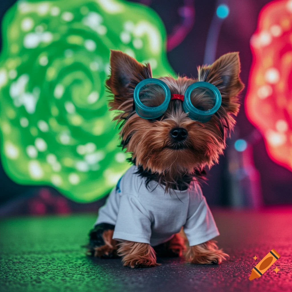 A Yorkie dog wearing blue goggles and a white t-shirt sits in front of green and red swirling portal-like shapes.