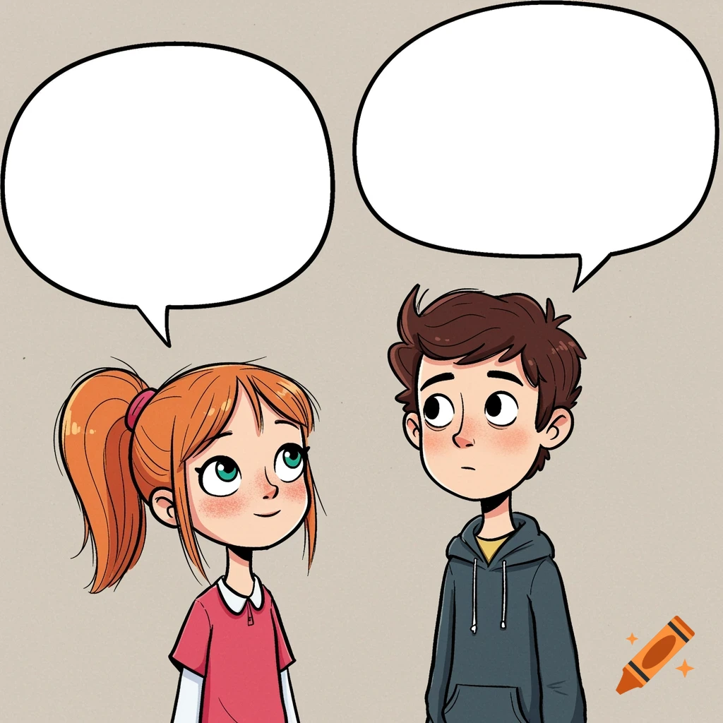 Cartoon illustration of a girl and boy with empty speech bubbles