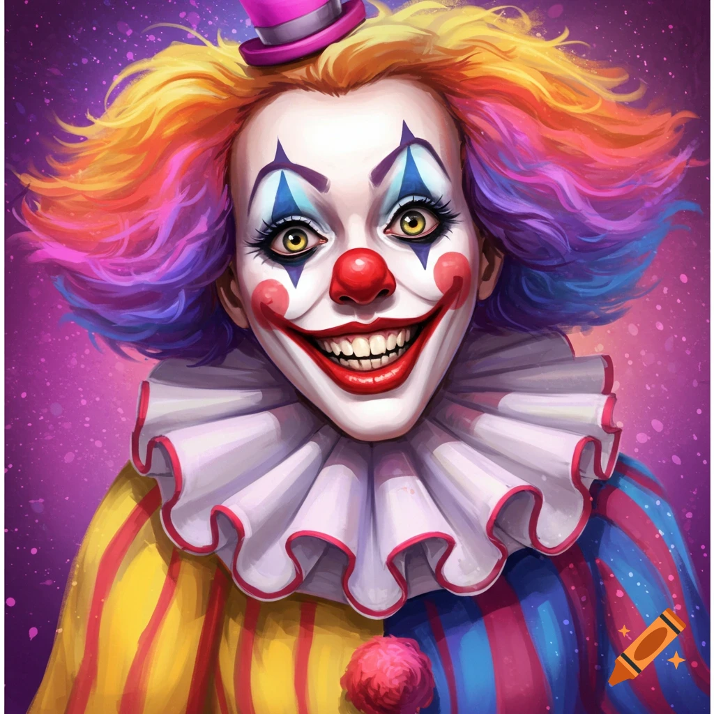 A colorful depiction of a smiling clown with rainbow hair, red nose, and ruffled collar.