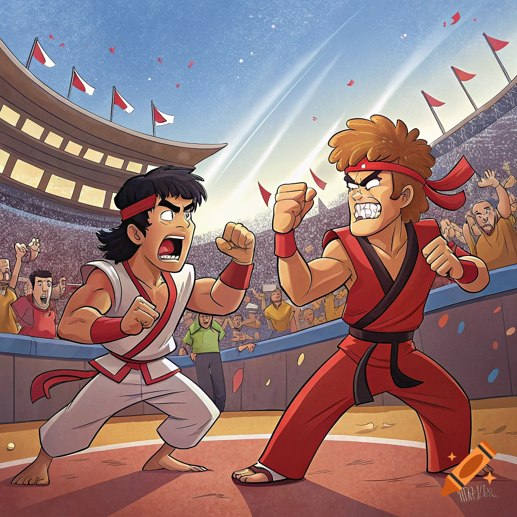 Cartoon of two martial artists fighting in an arena