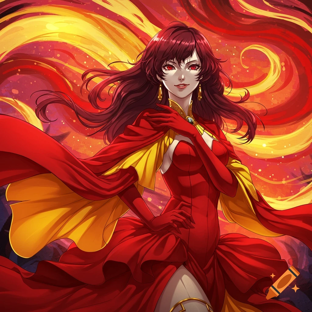Anime-style woman with red hair and eyes in a red dress and cape against a fiery background.