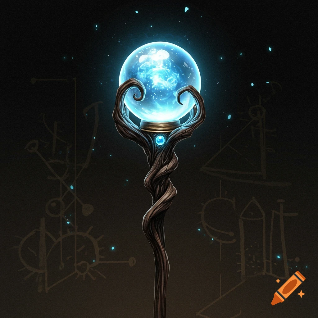 A wizard staff with a glowing blue crystal ball.
