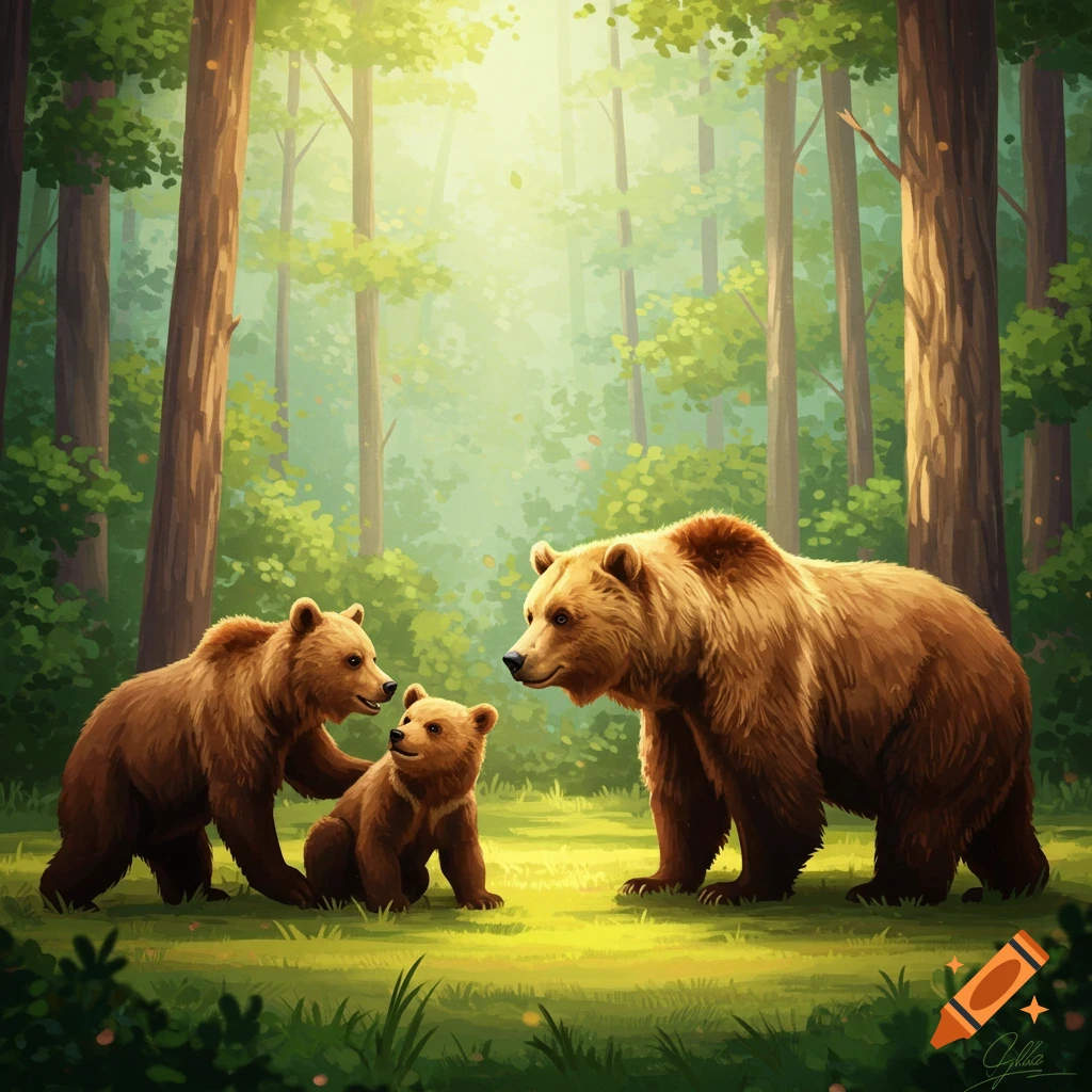 A bear family in a sunny forest clearing.