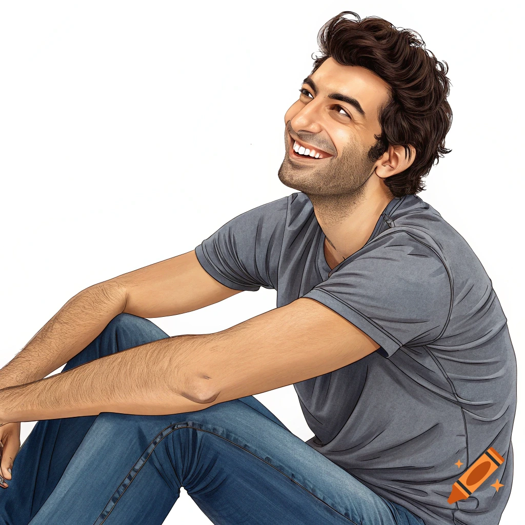 Illustration of a man sitting and smiling, looking up.