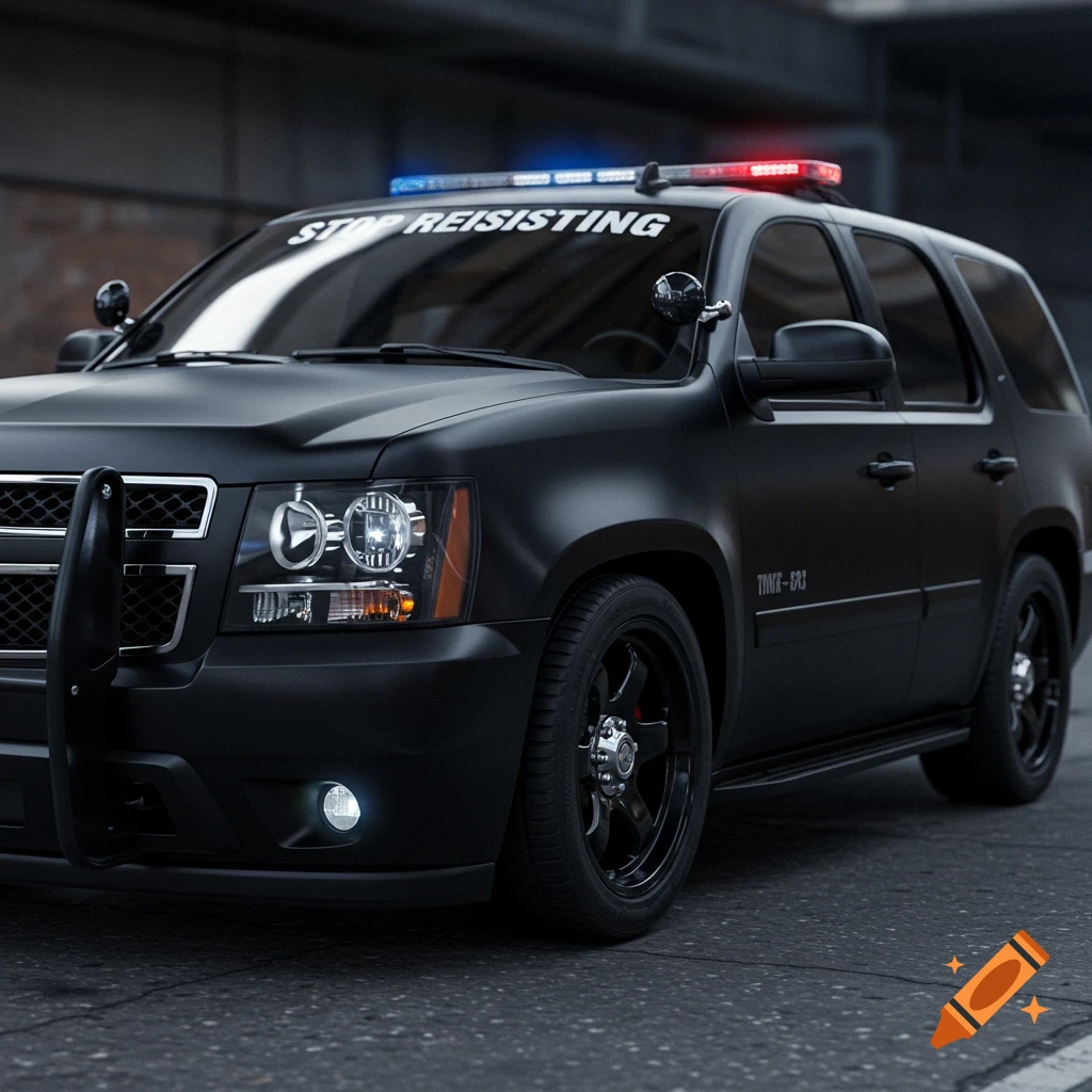 Photorealistic image of a matte black police SUV with lights and a text decal on the windshield.