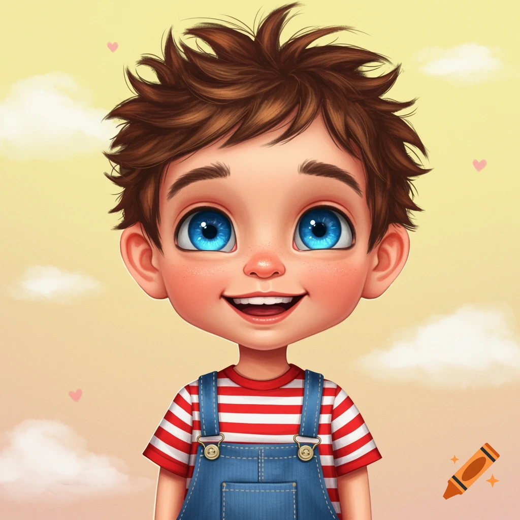 A digital illustration of a cartoon boy with big blue eyes and brown hair, wearing a red and white striped shirt and denim overalls, smiling against a yellow sky background.