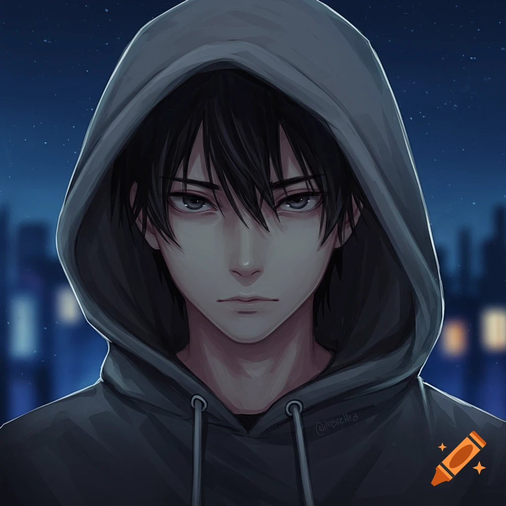 Anime portrait of a dark-haired person wearing a gray hoodie at night, with city lights in the blurred background.