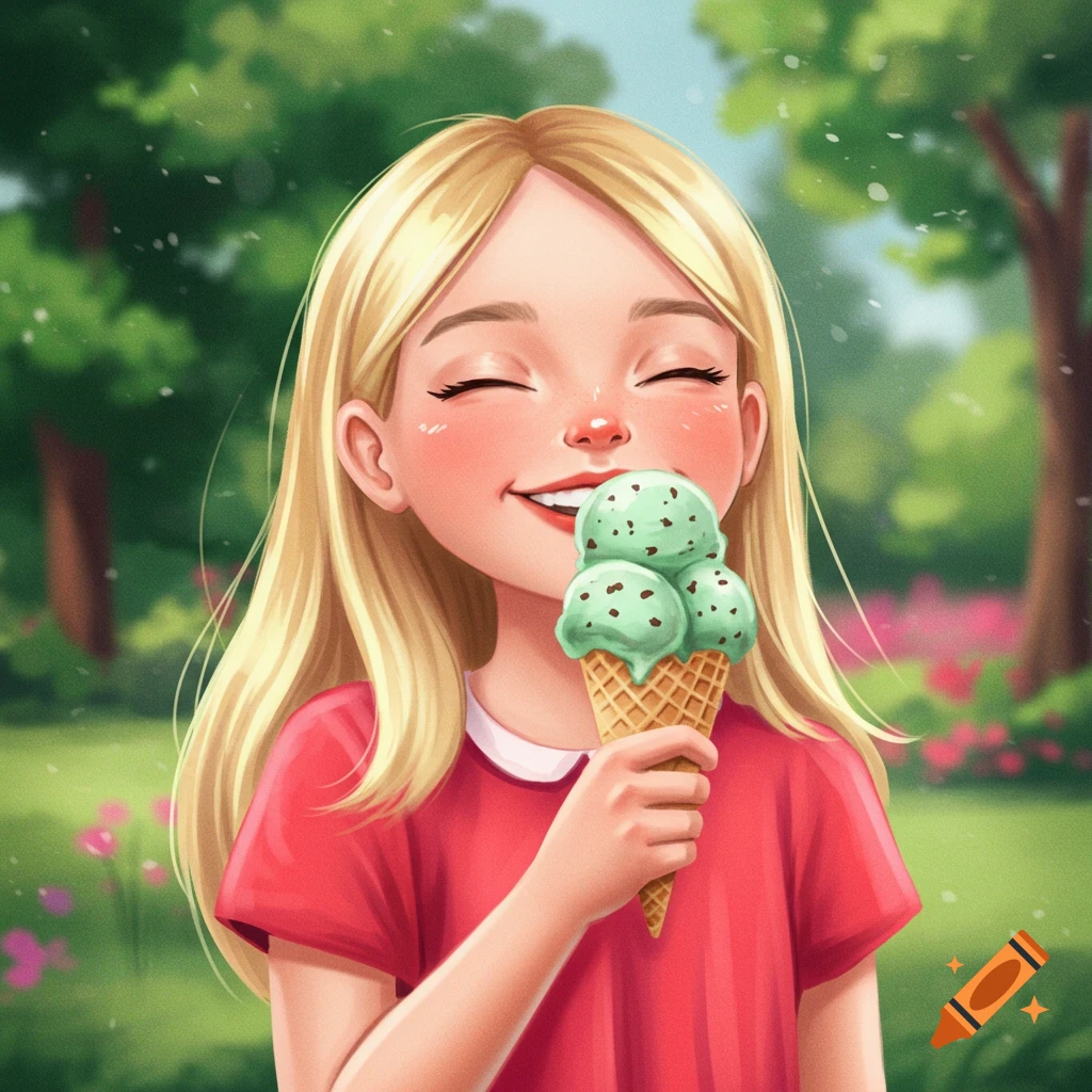A smiling girl holding a green ice cream cone.