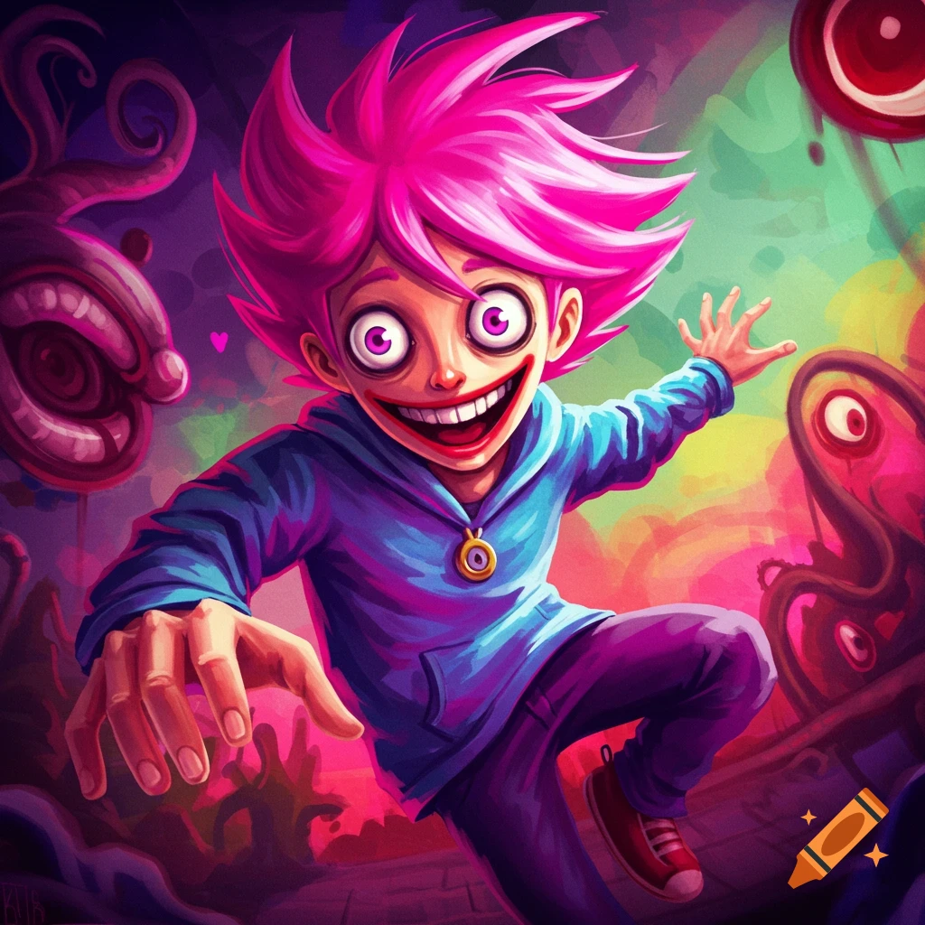 A character with bright pink spiky hair, large eyes, and a wide smile lunges forward in a vibrant, surreal, creepy environment with monstrous eyes and tentacles.
