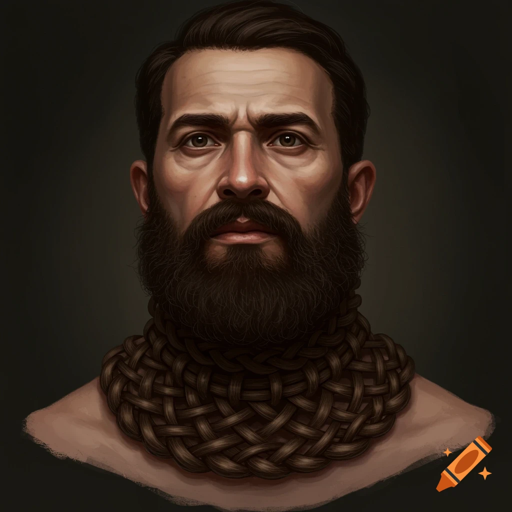 Portrait of a man with an intricate woven beard structure around his neck.