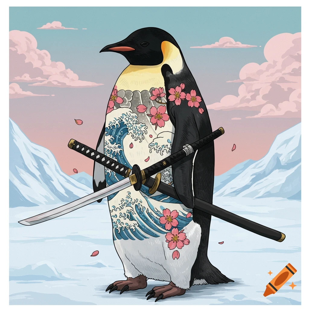 An illustrated Emperor penguin with wave and cherry blossom tattoos holds two katanas in a snowy landscape.