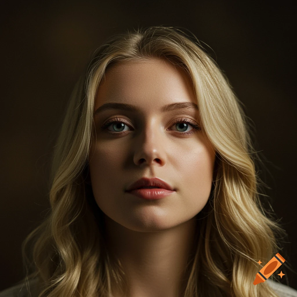 Photorealistic portrait of a blonde woman with blue eyes and wavy hair.
