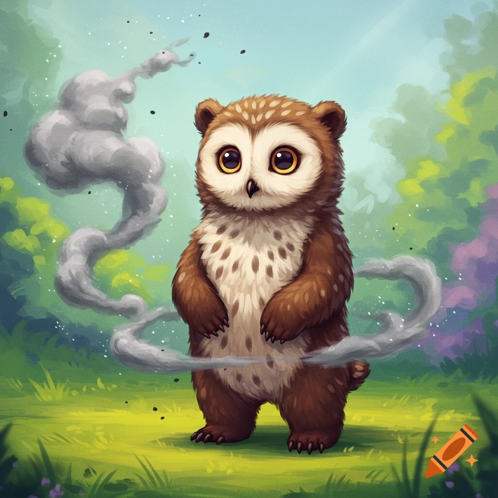 A cute owlbear cub stands in a clearing with swirling smoke.