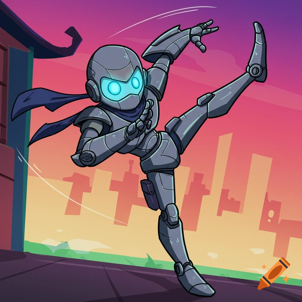 Cartoon robot ninja doing a high kick in a city