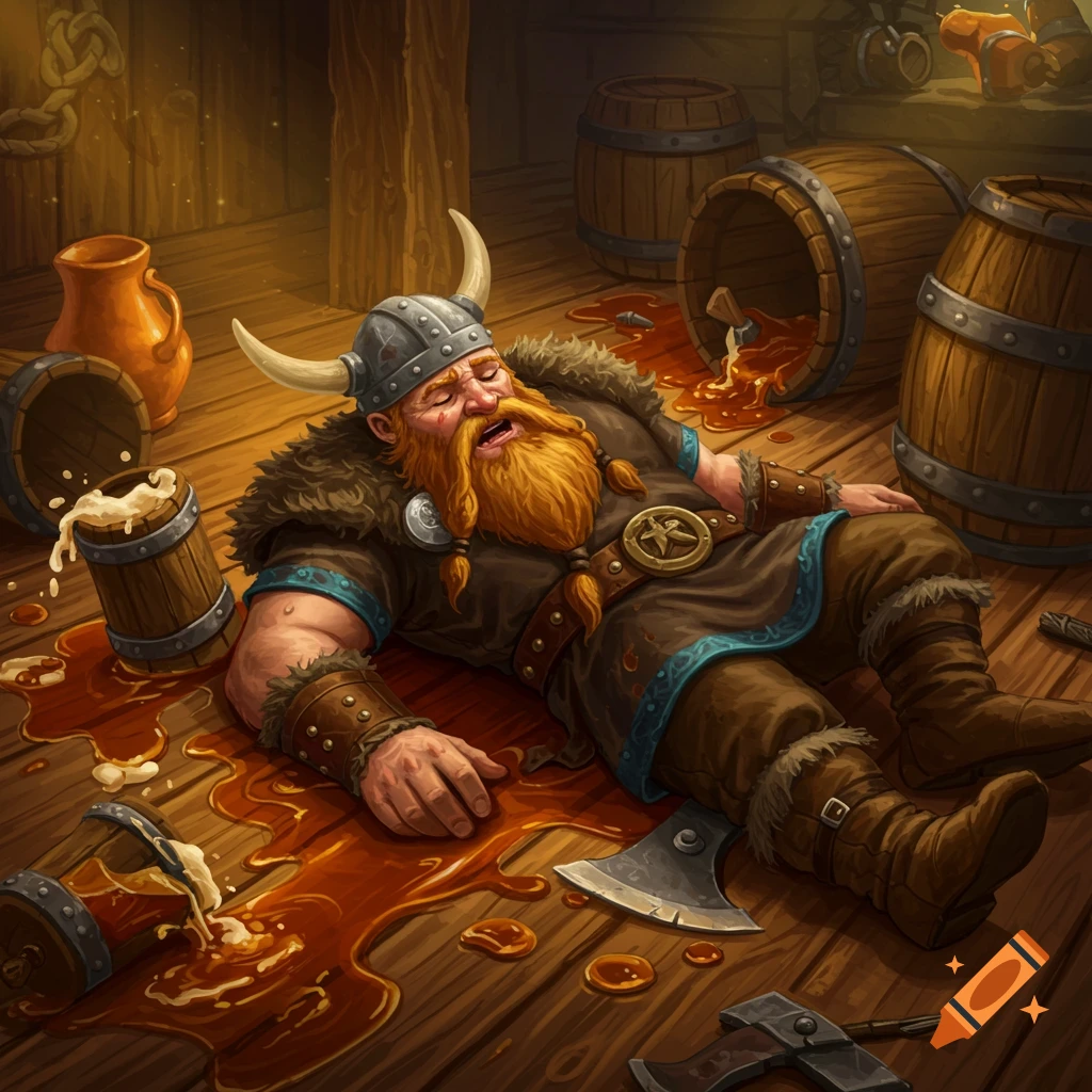 A drunken Viking passed out on a tavern floor with spilled drink.