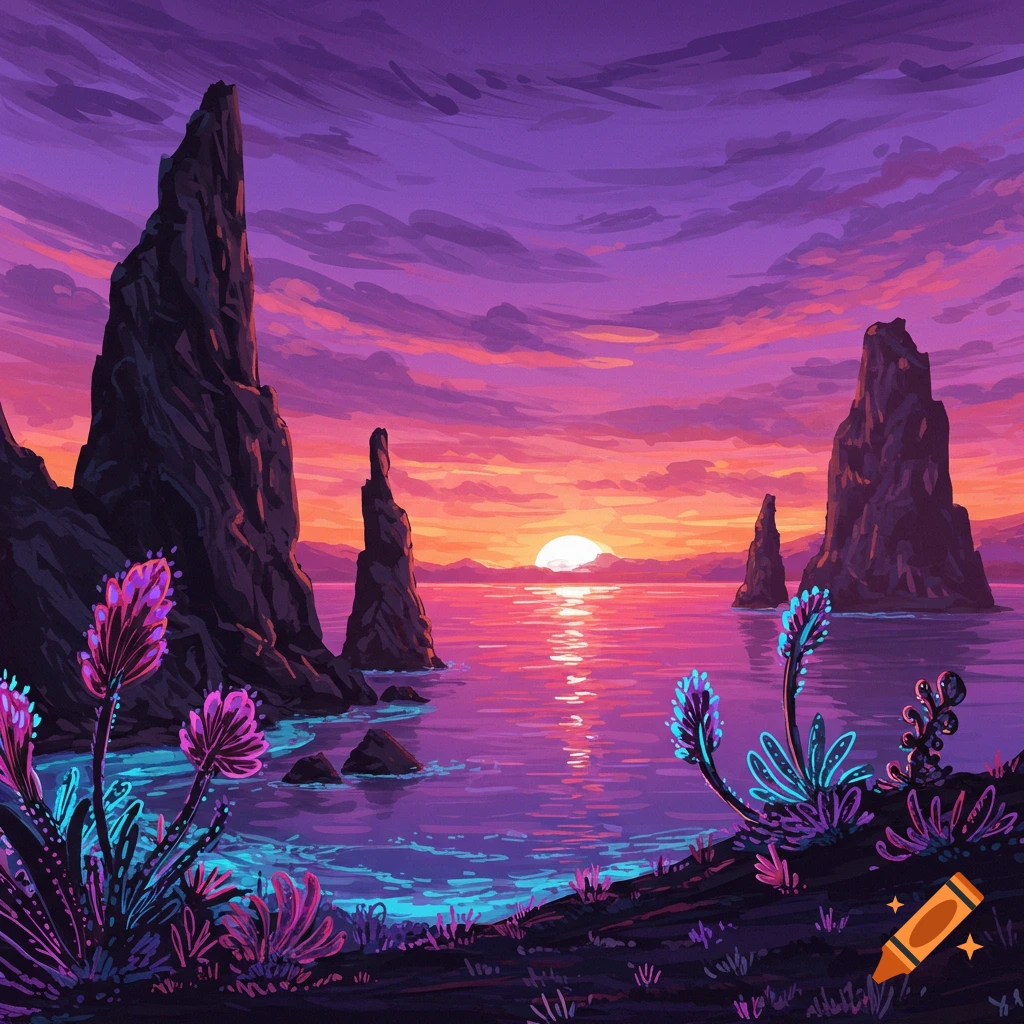 A vibrant purple and orange sunset over water with alien rock formations and glowing plants.