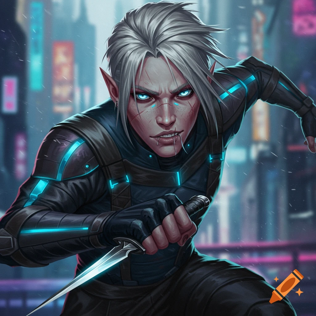 A fantasy character with glowing eyes and scars, holding a dagger in a cyberpunk city.