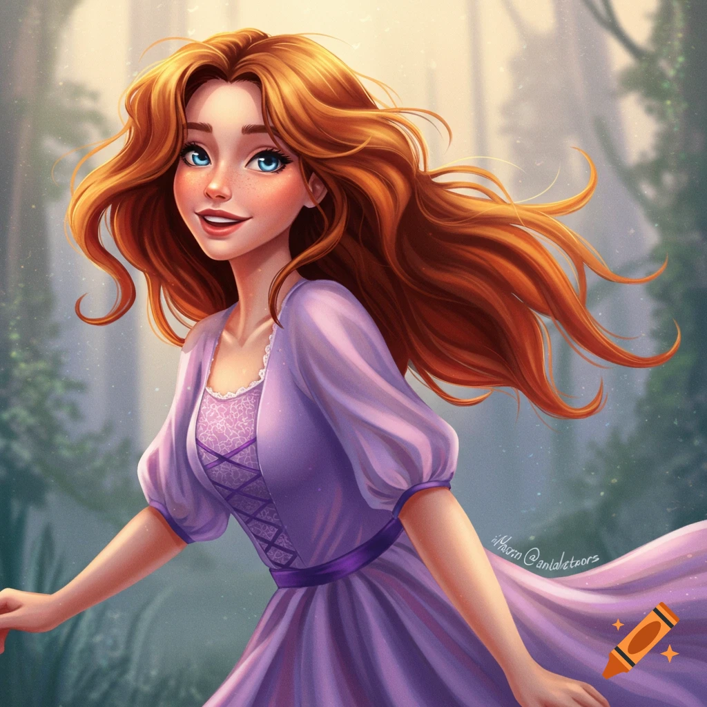 A stylized image of a young woman with long red hair and a purple dress in a forest setting.