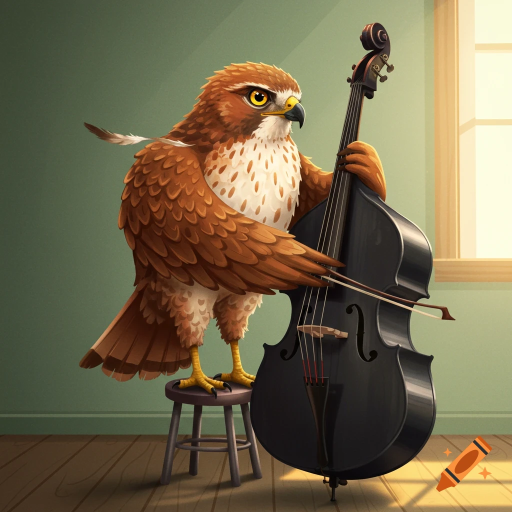 A red-tailed hawk playing a string bass.