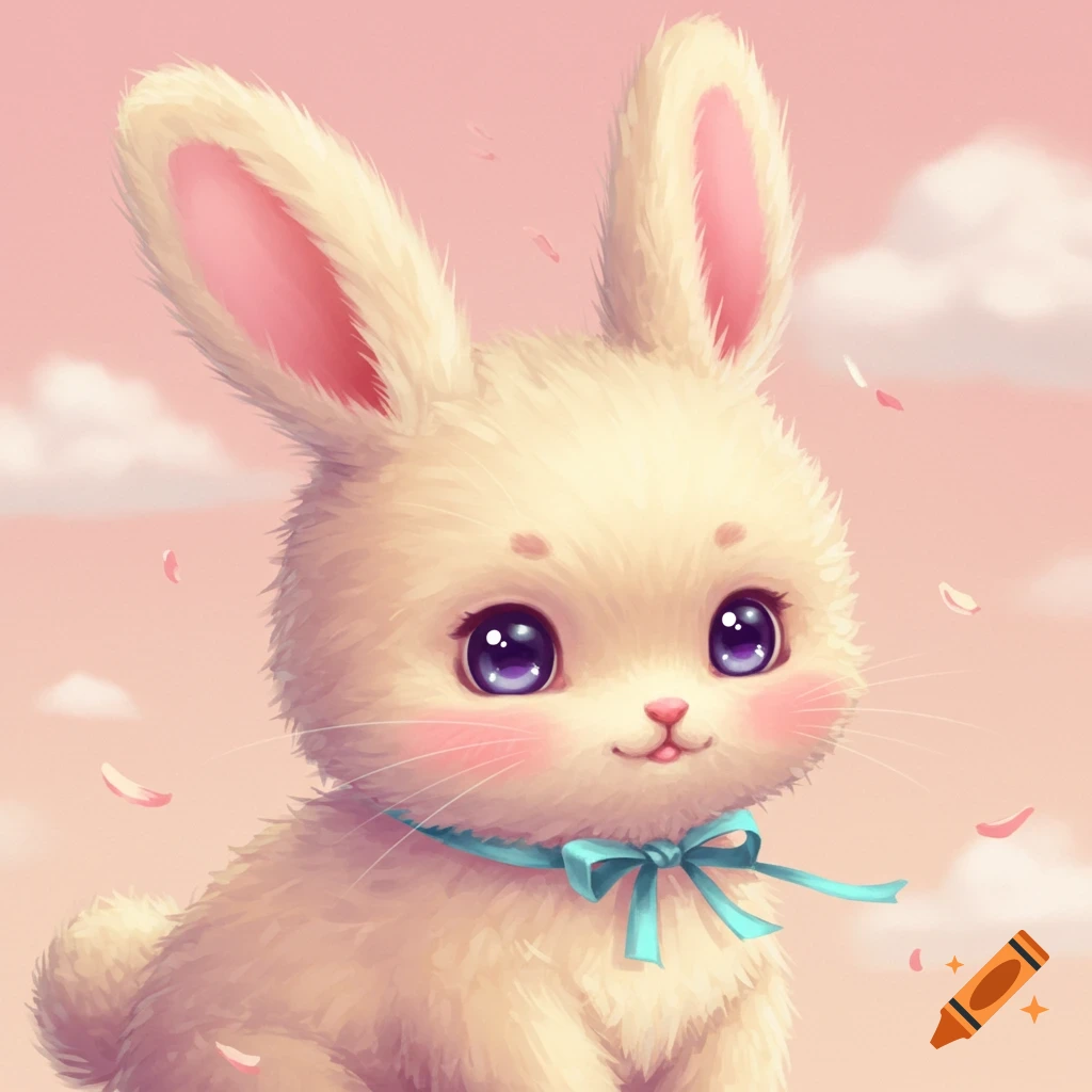 A cute fluffy bunny with big eyes and a blue ribbon against a pink sky
