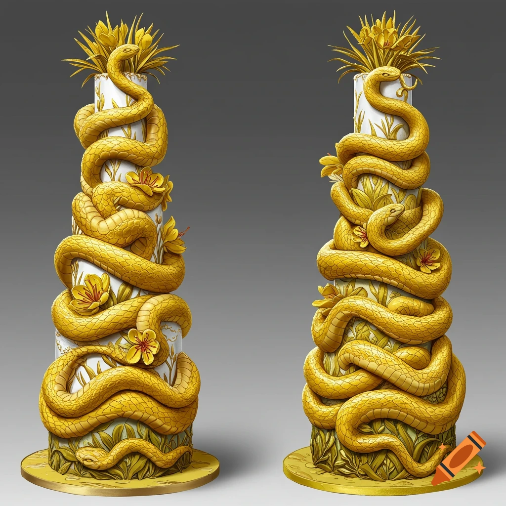 Two tall cakes decorated with golden snakes, flowers, and leaves.
