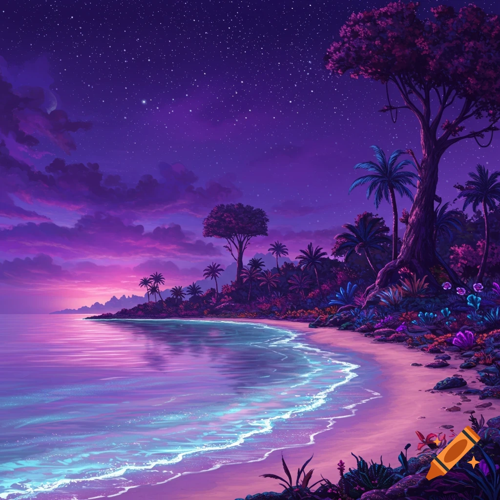 A purple tropical beach scene at night with stars and glowing waves.