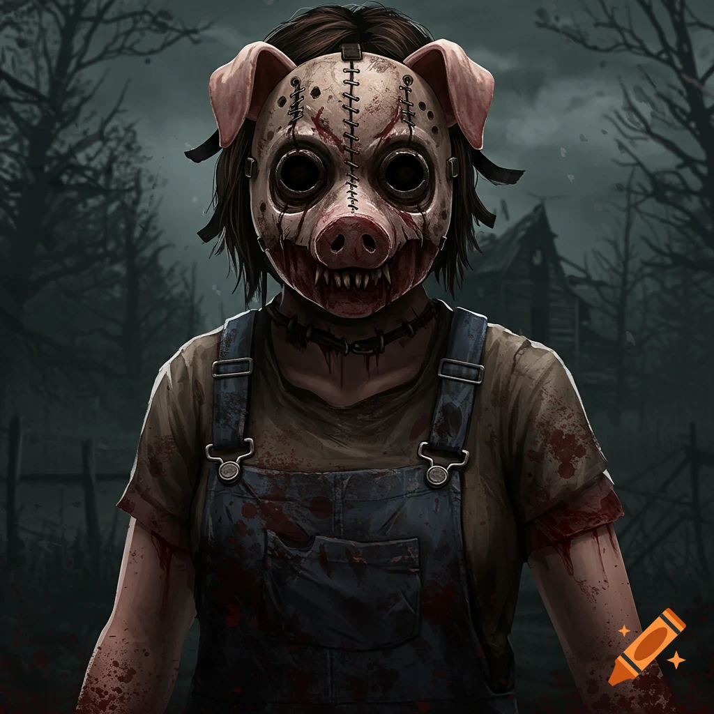 A person in a pig mask and blood-splattered overalls stands in a dark, creepy forest.