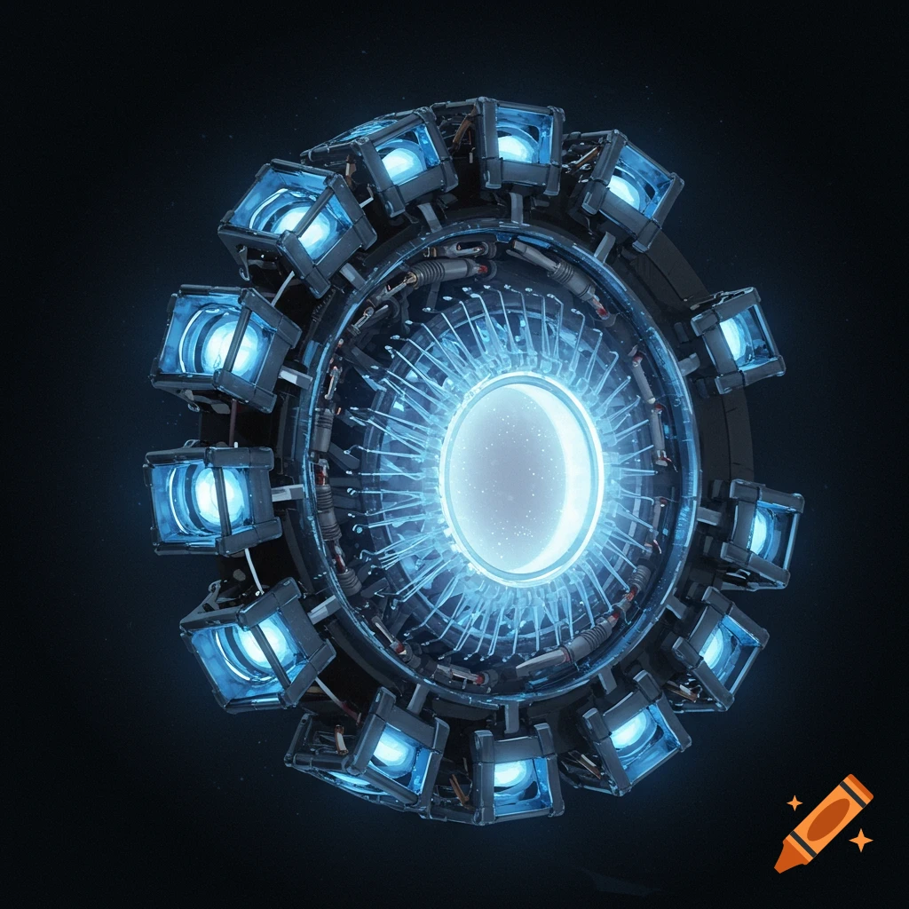 A glowing blue futuristic Arc Reactor device.