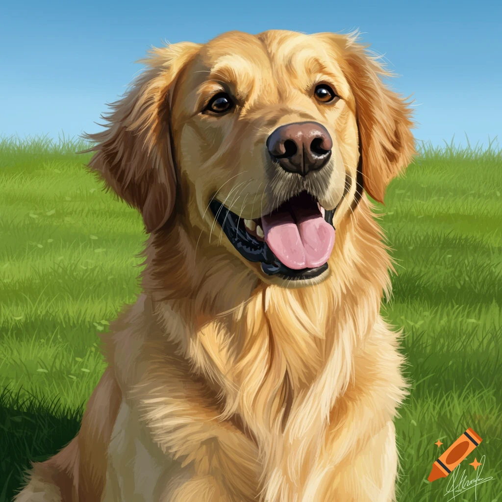 A Golden Retriever sits in green grass under a blue sky.