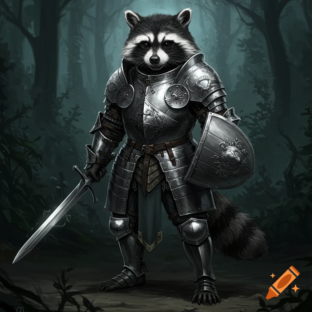 A raccoon in full knight armor holds a sword and shield in a forest.