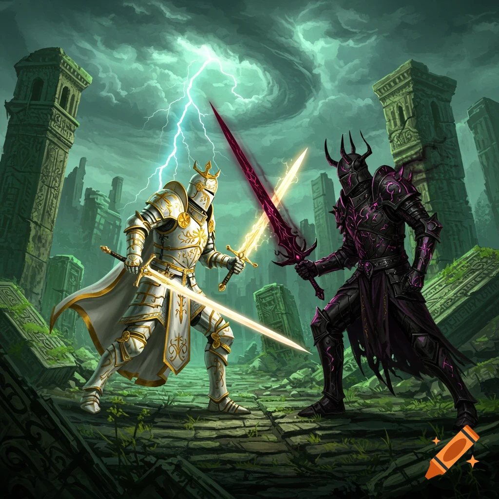 Two knights, one in white and gold armor, the other in dark armor, battle with swords in ruins under a stormy sky with lightning.
