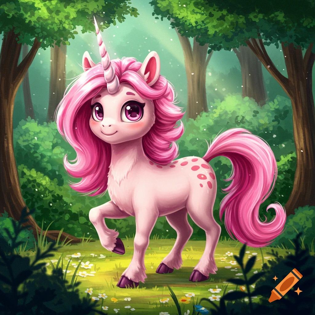 A purple unicorn with blue and purple mane and tail stands in a ...