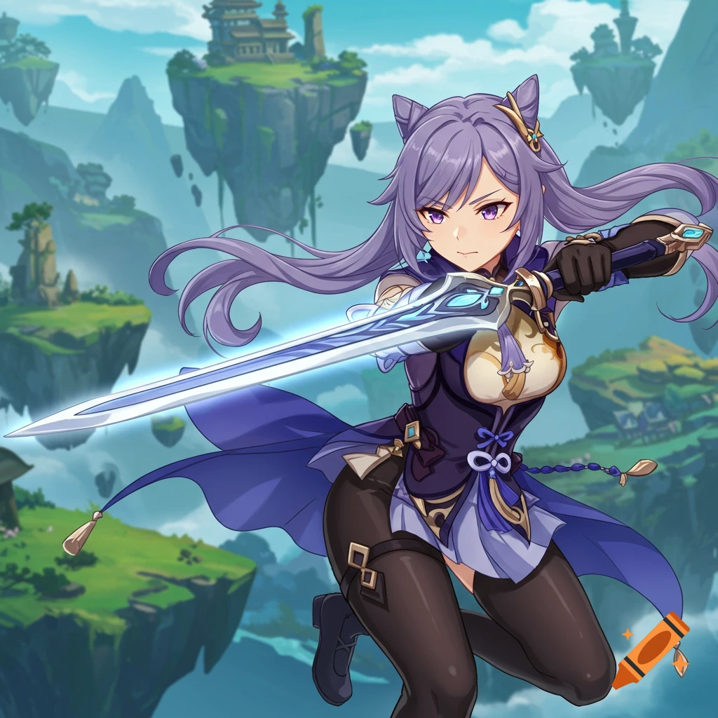 Anime character Keqing with purple hair and cat ears, wielding a glowing sword in a fantasy landscape with floating islands.