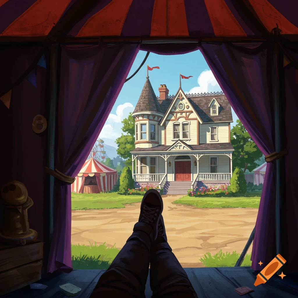 First-person view from inside a striped carnival tent looking out at a Victorian-style house and fairgrounds.