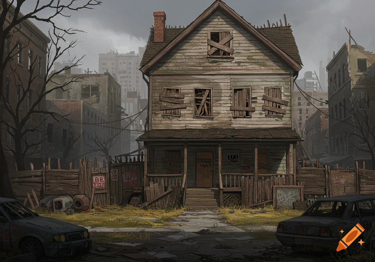 A boarded-up house and derelict cars in a ruined post-apocalyptic urban street.
