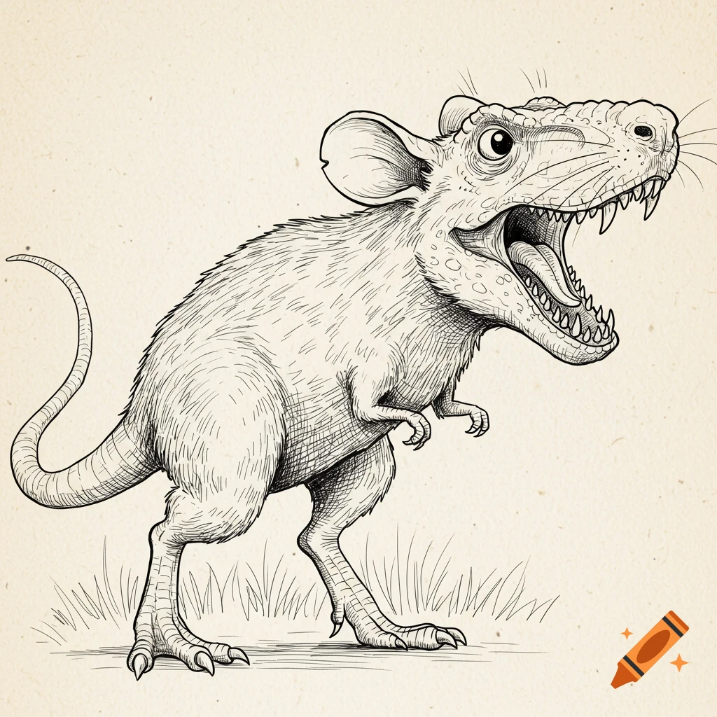 Line drawing of a funny realistic rat t-rex creature