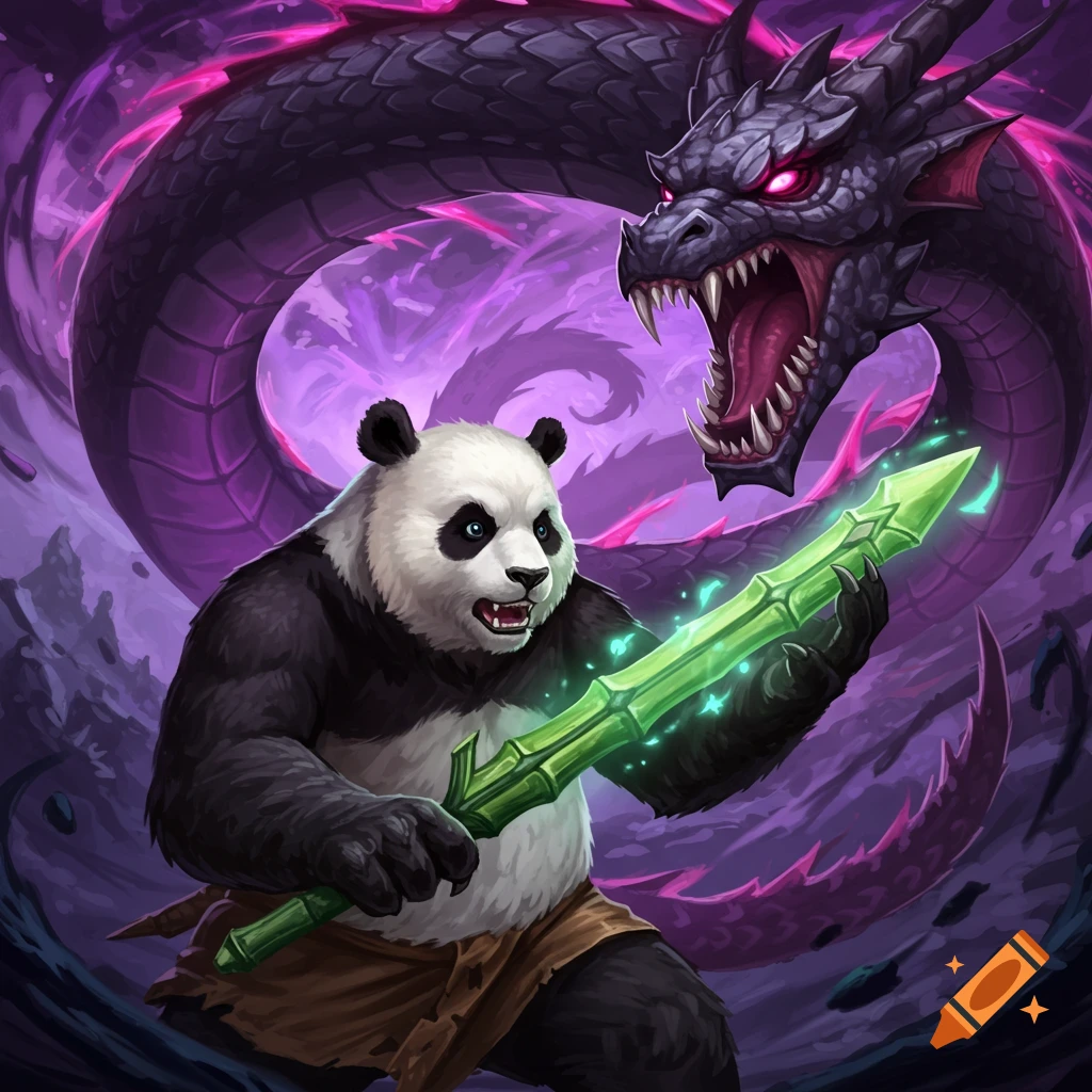 A panda holds a glowing bamboo sword and fights a dark dragon with purple energy.