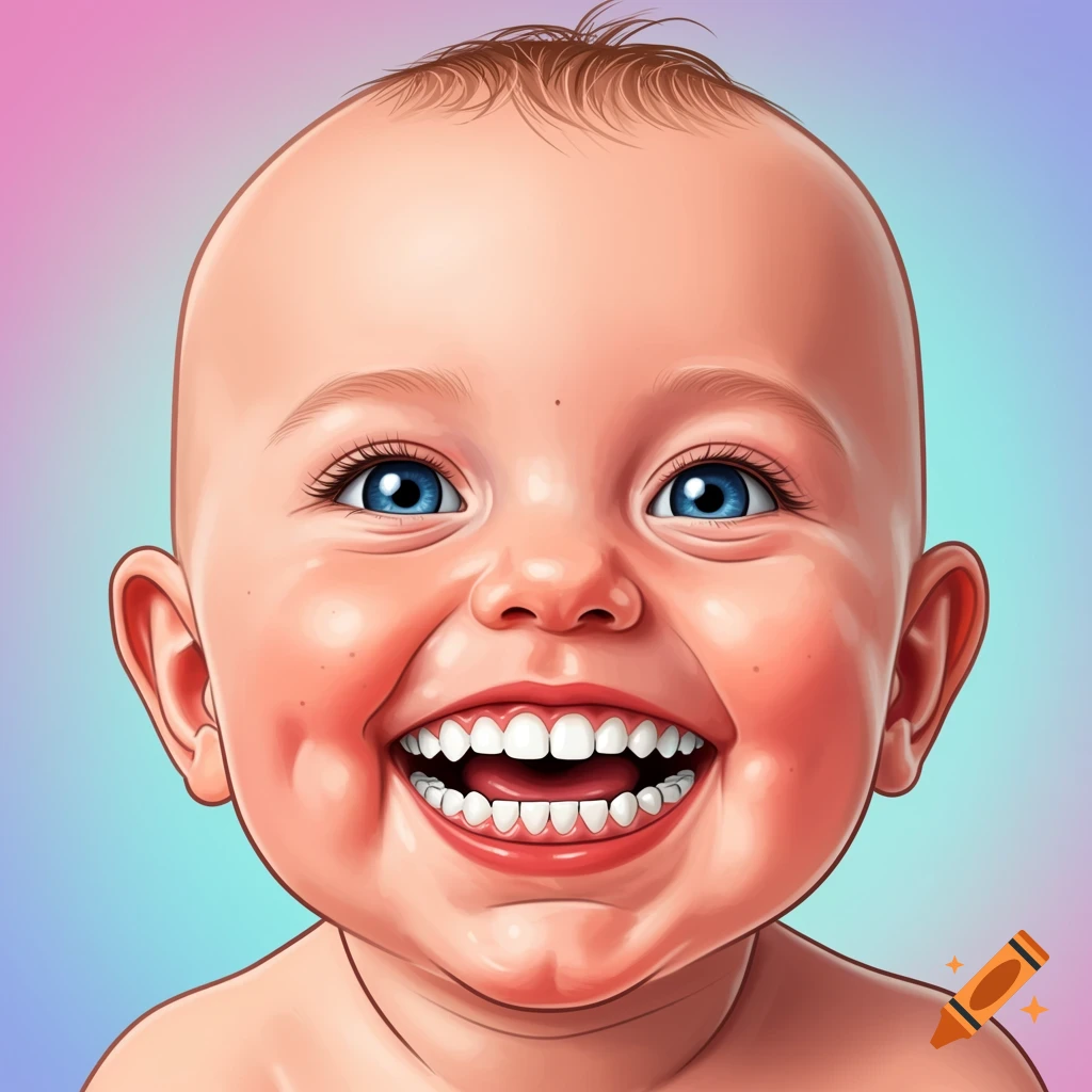 A smiling baby with many teeth.