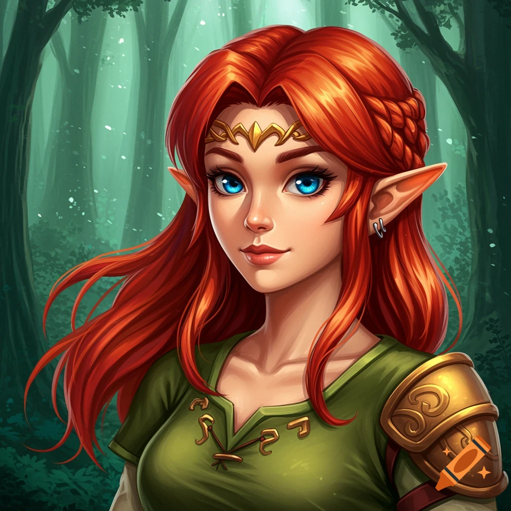 Illustration of a female elf with red hair and blue eyes, wearing a green tunic and golden armor in a forest.