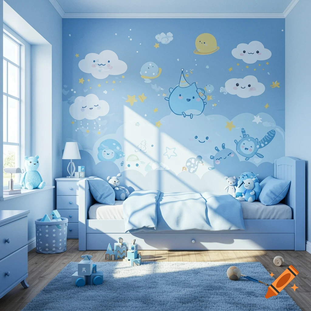 A child's blue bedroom with a whimsical cartoon mural, a bed with stuffed toys, wooden blocks, and sunlight filtering through a window.