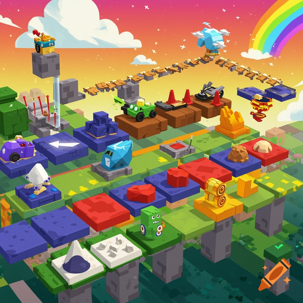 Isometric cartoon game level with colorful platforms, obstacles, vehicles, characters, clouds, and a rainbow.