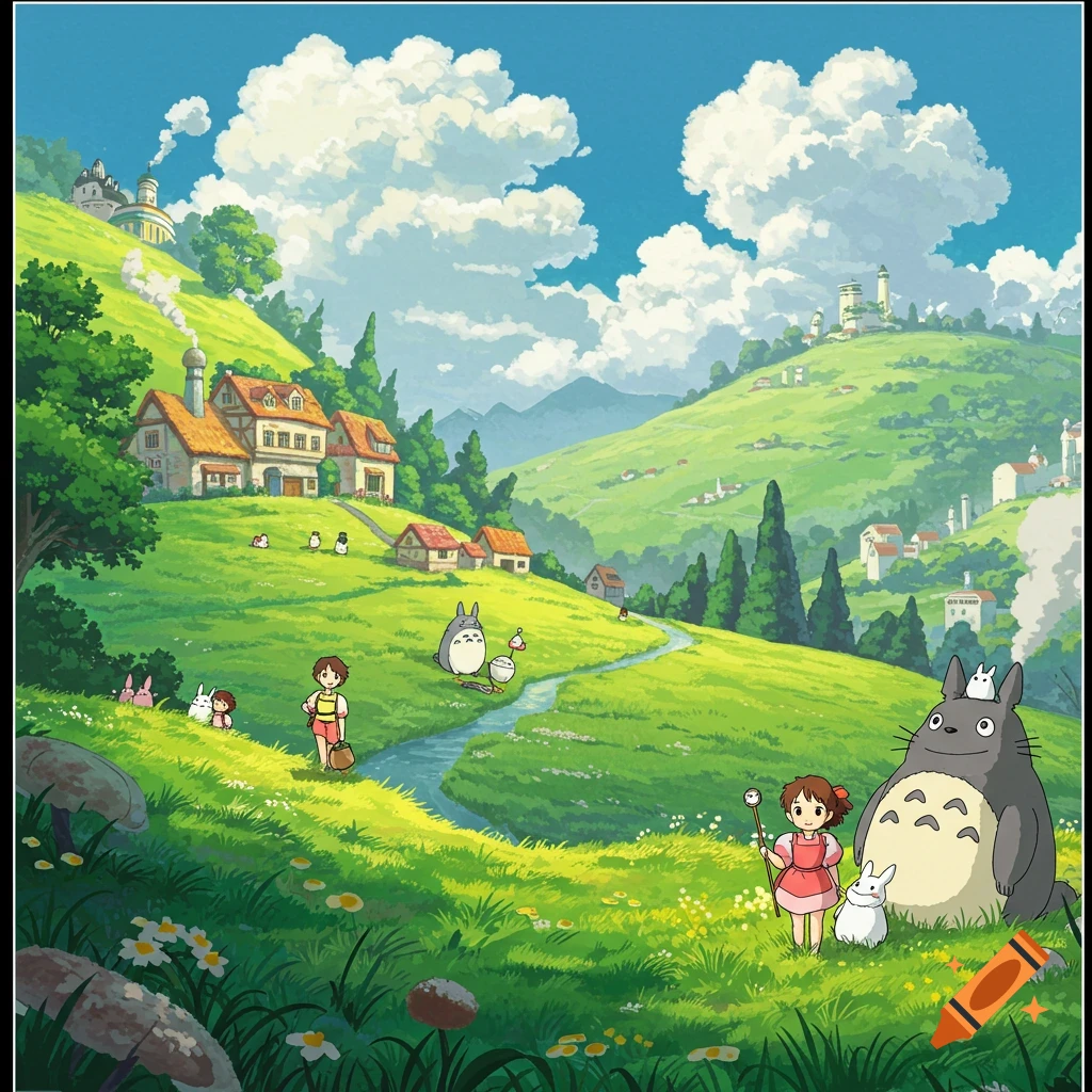 A Studio Ghibli style landscape illustration with rolling hills, a stream, houses, and characters including Totoro and children.
