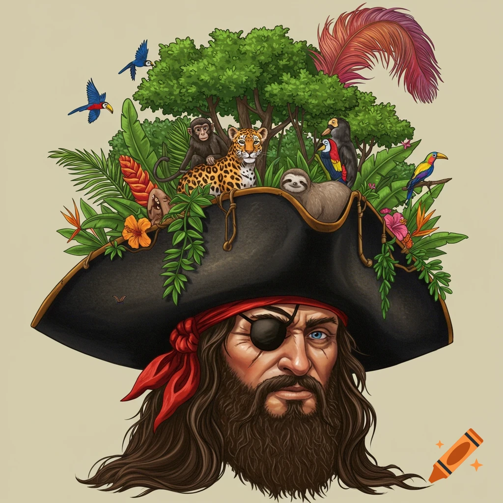 A pirate with a tropical forest and animals on his hat.