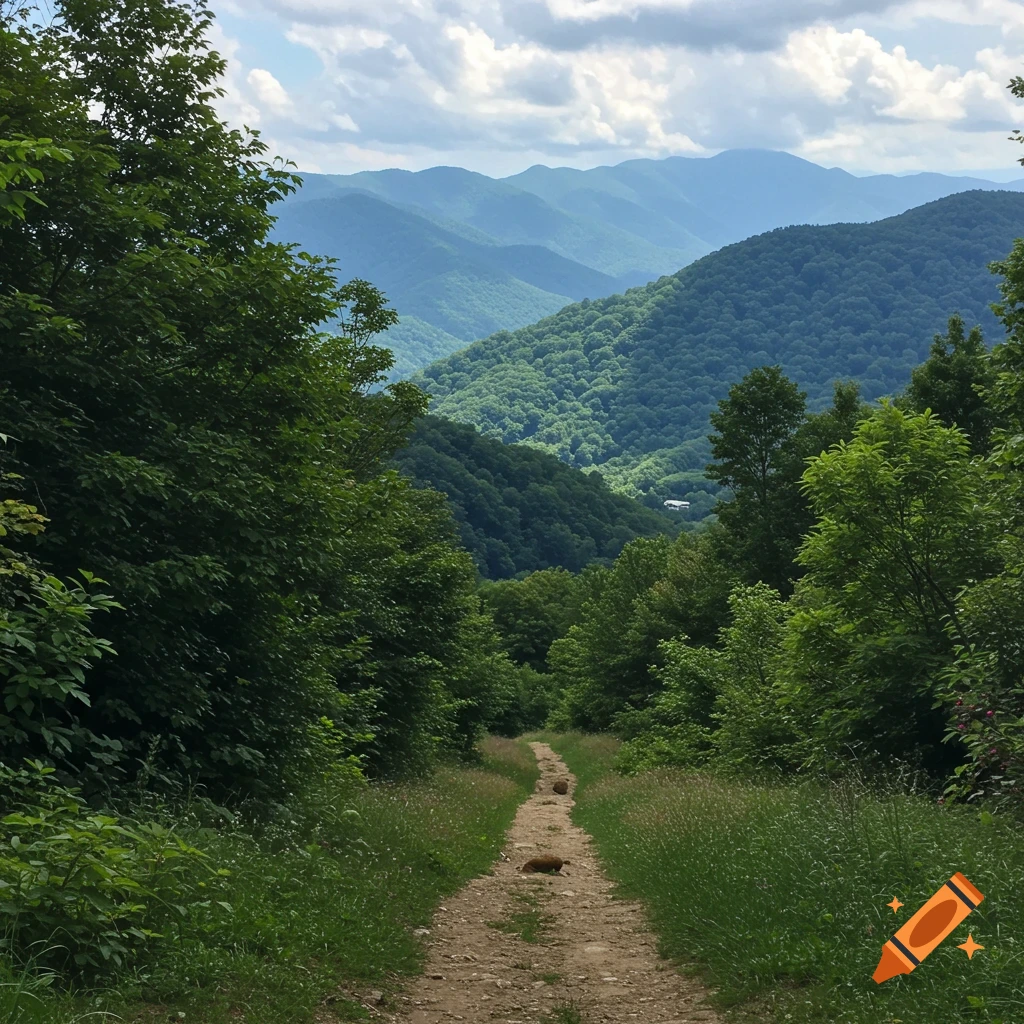 Dirt path leading down through forest clearing towards hazy mountains under a cloudy sky