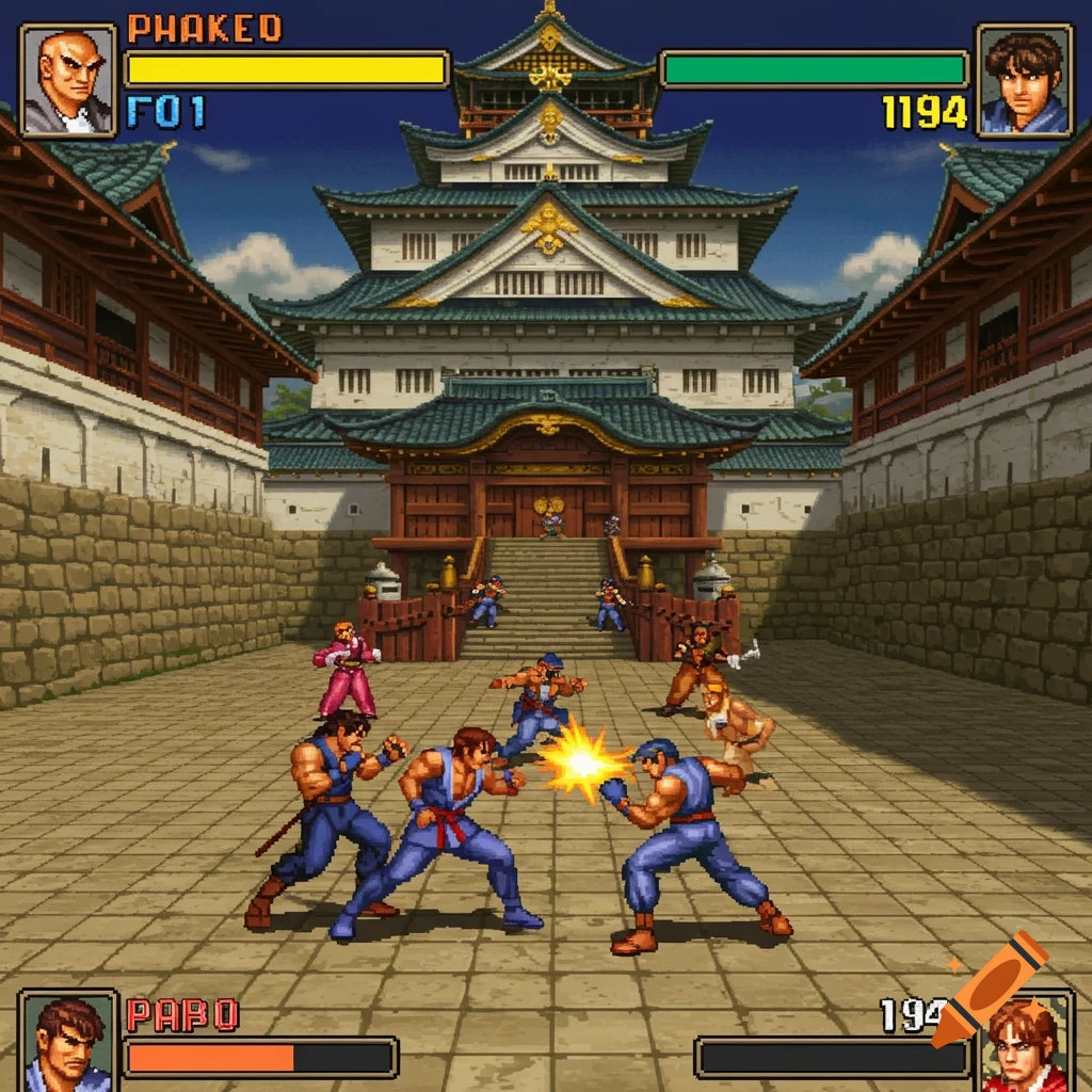 Pixel art fighting game screenshot showing characters fighting in front of a Japanese castle.