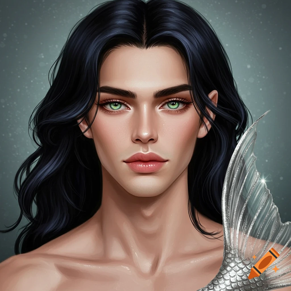 Portrait of a man with black hair, green eyes, and a silver mermaid tail.