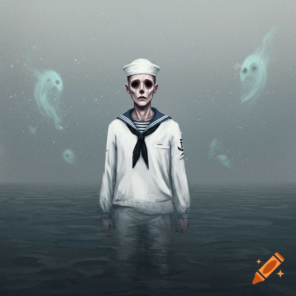 Ghostly sailor standing in water with spirits floating around him.