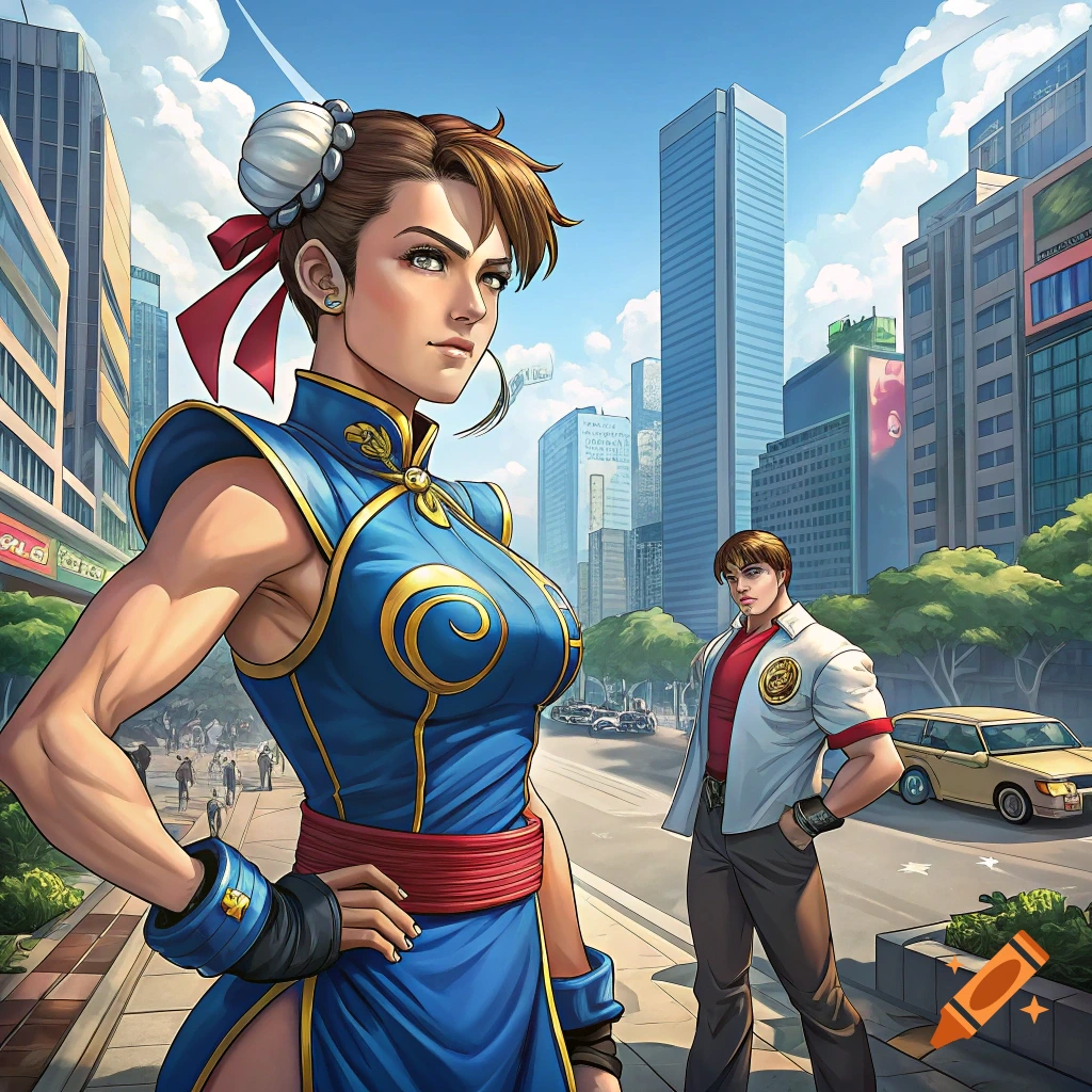 Comic art of a woman in a blue dress and a man in a white jacket on a city street.