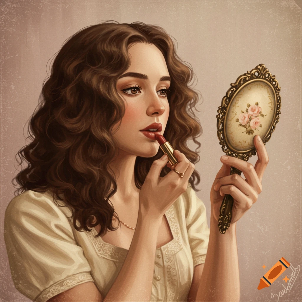 A woman applying lipstick while looking in a vintage handheld mirror.